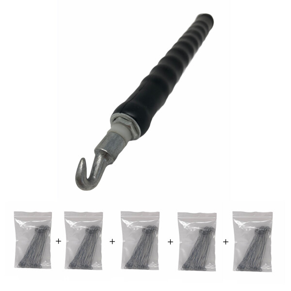 Schwarzer Drillapparat mit Rundgriff und Haken an der Spitze. Fünf Tüten mit jeweils 40 Befestigungsdrähten.