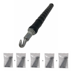 Schwarzer Drillapparat mit Rundgriff und Haken an der Spitze. Fünf Tüten mit jeweils 40 Befestigungsdrähten.