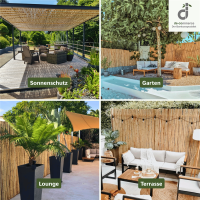 Sichtschutz aus Bambus in Rollform, bestehend aus mehreren aneinandergereihten Bambusstäben, die durch ein stabiles Wachstumsring über den geschlossenen Rohren verbunden sind. Die Abmessungen betragen 120 cm Höhe und 180 cm Breite. Das Set wird in einem biologisch abbaubaren Versandbeutel geliefert.