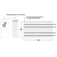 Sichtschutz aus Bambus in Form eines Rollzauns mit der Bezeichnung ATY NATURE, der eine Höhe von 150 cm und eine Breite von 180 cm aufweist. Der Zaun besteht aus natürlichen Bambusstäben, die dicht nebeneinander angeordnet sind, um eine optimale Sichtbarriere zu bieten. Er wird in einer biologisch abbaubaren Versandbeutel geliefert, der umweltfreundlich ist. Der Zaun ist über dem Wachstumsring gekürzt, was für eine geschlossene Oberfläche sorgt.