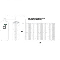 Bambus-Sichtschutzzaun in Rollform, 90 cm hoch und 180 cm breit, mit dunklen, geschlossenen Rohren für besseren Sichtschutz und Stabilität, in einer biologisch abbaubaren Verpackung.