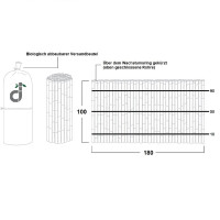 Bambus-Sichtschutz in der Ausführung BLACK, dargestellt als Rollzaun mit den Maßen 100 cm Höhe und 180 cm Breite. Der Zaun ist aus dunkel gefärbten Bambusstäben gefertigt und wird in einem biologisch abbaubaren Versandbeutel geliefert.