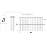 Biologisch abbaubarer Versandbeutel mit einem Sichtschutz aus Bambus, der über dem Wachstumsring gekürzt wurde. Der Sichtschutz ist 120 cm hoch und 180 cm breit, mit drei horizontalen Markierungen bei 100 cm, 60 cm und 19,5 cm Höhe.