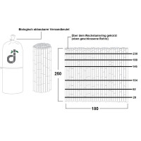 Bambus Sichtschutz Rollzaun BLACK mit einer Höhe von 250 cm und einer Breite von 180 cm, der dicht gepflanzte Bambusstäbe zeigt, die eine natürliche und moderne Privatsphäre bieten.