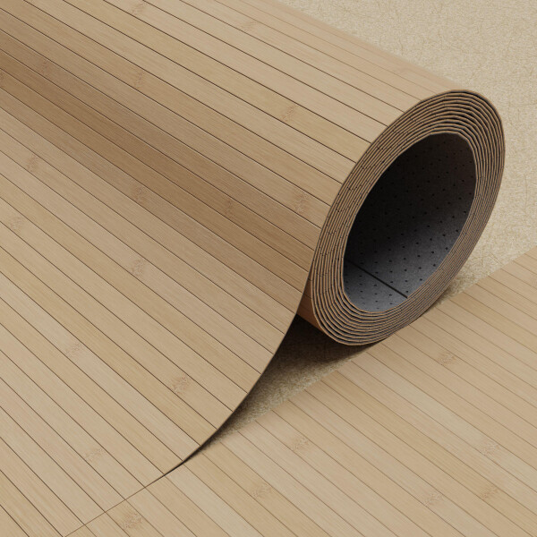 Fertigparkett aus Bambus, Modell FLEXBAMBOO nature, aufgerollt dargestellt. Natürliche, helle Bambusoptik mit feinen, parallelen Linien. Maße 950x200 cm, ideal für nachhaltige Bodengestaltung.