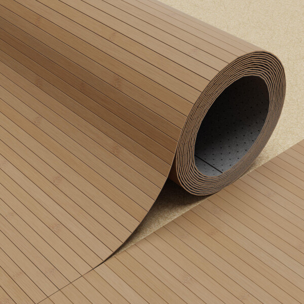 Bambusparkett in karbonisierter Ausführung, versiegelt, gezeigt als Rolle mit sichtbarer Struktur und Schnittkante.