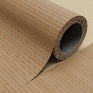 Bambusparkett in karbonisierter Ausführung, versiegelt, gezeigt als Rolle mit sichtbarer Struktur und Schnittkante.