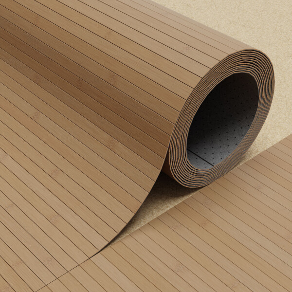 Bambusparkett in karbonisierter Ausführung, versiegelt, gezeigt als Rolle mit sichtbarer Struktur und Schnittkante.