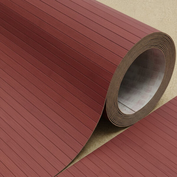 Bambusparkett in roter Ausf�hrung, versiegelt, gezeigt als Rolle mit sichtbarer Struktur und Schnittkante.