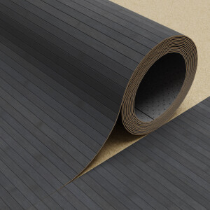 Bambusparkett in stahlgrauer Ausf�hrung, versiegelt, gezeigt als Rolle mit sichtbarer Struktur und Schnittkante.