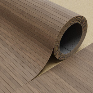 Rollenware aus Bambus-Fertigparkett in der Farbe Taupe, mit sichtbarer Holzmaserung und einer Größe von 850x200 cm, aufgerollt auf einem weichen Untergrund.