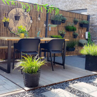 Sichtschutz aus Bambus an einer Terrasse mit Esstisch und Stühlen. Der Rollzaun CALAMA bietet Privatsphäre und dient gleichzeitig als dekoratives Element mit Pflanzen und Wanddekoration.