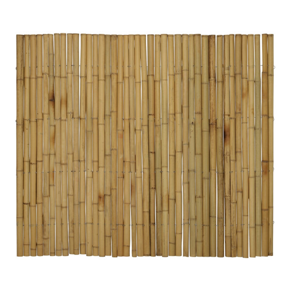 Bambus Sichtschutzzaun, bestehend aus vertikal angeordneten Bambusstäben, die durch horizontale Bambusstreben stabilisiert sind. Maße: 150 cm Höhe x 180 cm Breite. Natürliche Farbe und Textur des Bambus sorgen für einen dekorativen und natürlichen Look. Ideal zur Abgrenzung und als Sichtschutz im Garten oder auf der Terrasse.