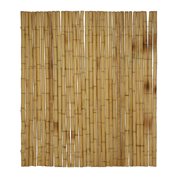 Dekorativer Bambus-Sichtschutzzaun in Naturfarbe, bestehend aus dicht aneinandergereihten Bambusstäben, die mit horizontalen Drähten verbunden sind. Ideal für Garten, Terrasse oder Balkon zur Schaffung von Privatsphäre. Maße: 200 cm Höhe x 180 cm Breite.