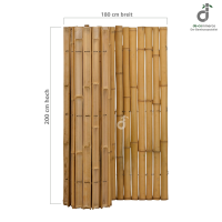 Sichtschutz aus Bambus mit natürlicher Optik, bestehend aus dicht aneinandergereihten Bambusstäben. Der Rollzaun BARU NATURE misst 200 cm x 180 cm und bietet durch seine geschlossene Struktur eine optimale Abschirmung. Ideal für Gärten oder Terrassen, um Privatsphäre zu schaffen und gleichzeitig eine natürliche Atmosphäre zu bewahren.