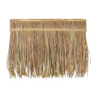 Natürlicher Palmdachstreifen für Pergolen, bestehend aus dicht angeordneten, hellbraunen Palmblättern, die an einer Holzschiene befestigt sind. Ideal für den Einsatz als dekoratives Dach oder Sonnenschutz im Gartenbereich.