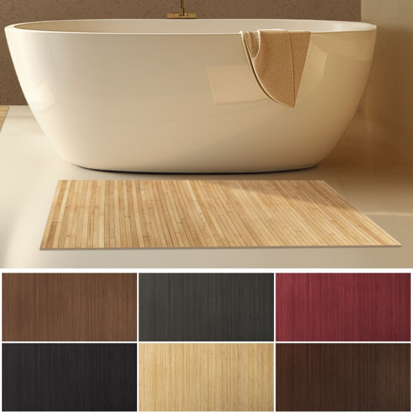 Bambus-Badteppich LINES in Naturtönen vor einer modernen freistehenden Badewanne. Der Teppich hat ein elegantes Streifenmuster und ist in verschiedenen Farbvarianten erhältlich. Ein stilvolles Accessoire, das Wärme und Natürlichkeit in das Badezimmer bringt.
