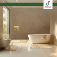 Moderner Badezimmer mit einem weißen Badezimmerteppich aus Bambus auf dem Boden vor einer freistehenden Badewanne und einem Toilettenbereich mit großen Fenstern.