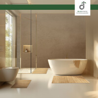 Eleganter Badezimmer mit modernem Design, ausgestattet mit einem Bambus-Badteppich LINES Nature, der vor der Badewanne und dem WC platziert ist. Der Teppich fügt sich harmonisch in das natürliche Ambiente ein und unterstreicht die ästhetische Atmosphäre des Raums.