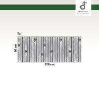 Grafik einer rechteckigen Couchablage aus Bambus mit den Maßen 120 cm Breite und 50 cm Höhe. Die Ablage besteht aus schmalen, vertikalen Bambusstegen, die jeweils 17 mm breit sind. Einige Lamellen zeigen natürliche Maserungen und dunklere Flecken, die für die typische Bambusstruktur charakteristisch sind. Mit DE-COmmerce-Logo.