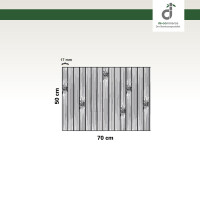 Grafik einer rechteckigen Couchablage aus Bambus mit den Maßen 70 cm Breite und 50 cm Höhe. Die Ablage besteht aus schmalen, vertikalen Bambusstegen, die jeweils 17 mm breit sind. Einige Lamellen zeigen natürliche Maserungen und dunklere Flecken, die für die typische Bambusstruktur charakteristisch sind. Mit DE-COmmerce-Logo.