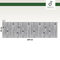 Grafik einer rechteckigen Couchablage aus Bambus mit den Maßen 120 cm Breite und 30 cm Höhe. Die Ablage besteht aus schmalen, vertikalen Bambusstegen, die jeweils 17 mm breit sind. Einige Lamellen zeigen natürliche Maserungen und dunklere Flecken, die für die typische Bambusstruktur charakteristisch sind. Mit DE-COmmerce-Logo.