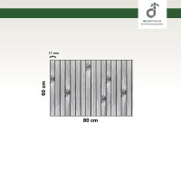 Grafik einer rechteckigen Couchablage aus Bambus mit den Maßen 80 cm Breite und 60 cm Höhe. Die Ablage besteht aus schmalen, vertikalen Bambusstegen, die jeweils 17 mm breit sind. Einige Lamellen zeigen natürliche Maserungen und dunklere Flecken, die für die typische Bambusstruktur charakteristisch sind. Mit DE-COmmerce-Logo.