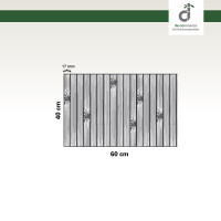 Grafik einer rechteckigen Couchablage aus Bambus mit den Maßen 60 cm Breite und 40 cm Höhe. Die Ablage besteht aus schmalen, vertikalen Bambusstegen, die jeweils 17 mm breit sind. Einige Lamellen zeigen natürliche Maserungen und dunklere Flecken, die für die typische Bambusstruktur charakteristisch sind. Mit-DE-COmmerce Logo.