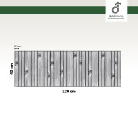 Grafik einer rechteckigen Couchablage aus Bambus mit den Maßen 120 cm Breite und 40 cm Höhe. Die Ablage besteht aus schmalen, vertikalen Bambusstegen, die jeweils 17 mm breit sind. Einige Lamellen zeigen natürliche Maserungen und dunklere Flecken, die für die typische Bambusstruktur charakteristisch sind. Mit DE-COmmerce-Logo.