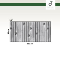 Grafik einer rechteckigen Couchablage aus Bambus mit den Maßen 120 cm Breite und 60 cm Höhe. Die Ablage besteht aus schmalen, vertikalen Bambusstegen, die jeweils 17 mm breit sind. Einige Lamellen zeigen natürliche Maserungen und dunklere Flecken, die für die typische Bambusstruktur charakteristisch sind. Mit DE-COmmerce-Logo.