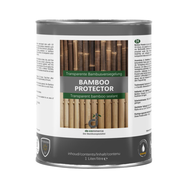 Kanister mit transparentem Bambusversiegelungsmittel, zeigt Bambusstäbe und Produktdetails. Ideal zur Pflege und Schutz von Bambusmaterialien gegen UV-Strahlen und Feuchtigkeit.