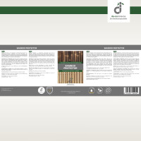 Grau-weißes Etikett mit der Aufschrift ‚Bamboo Protector‘, Bild zweier Bambuszäune sowie Warn- und Anwendungshinweisen in Deutsch, Englisch, Niederländisch und Französisch, DE-COmmere.