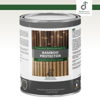 Ein weißer Kanister mit grünem Deckel und Etikett, das das Produkt Bamboo Protector zeigt. Das Etikett enthält Abbildungen von Bambusstäben und den Schriftzug Transparente Bambusversiegelung. Der Kanister hat ein Fassungsvermögen von 1 Liter.