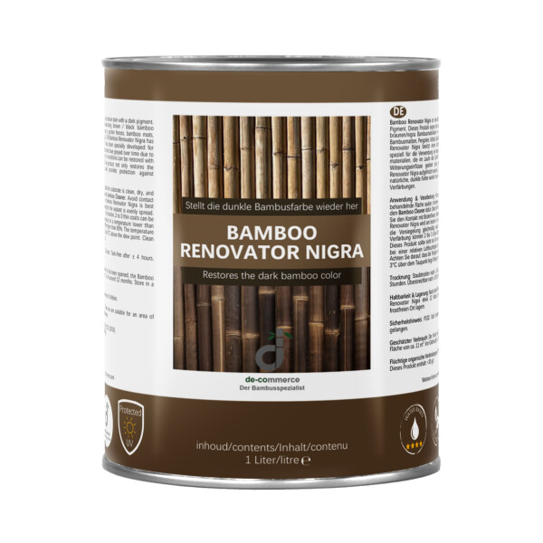 Runde Metall-Dose mit beige-braunem Etikett, Aufschrift ‚Bamboo Renovator Nigra – stellt die natürliche Bambusfarbe wieder her‘, mit Bambusrohr-Abbildung, 1 Liter, Marke DE-COmmerce