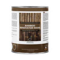 Runde Metall-Dose mit beige-braunem Etikett, Aufschrift ‚Bamboo Renovator Nigra – stellt die natürliche Bambusfarbe wieder her‘, mit Bambusrohr-Abbildung, 1 Liter, Marke DE-COmmerce