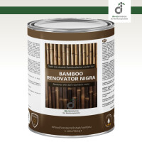Dose mit Etikett in natürlichem Farbschema, Bambusstäbe als Motiv und der Aufschrift ‚Bamboo Renovator Nigra, 1 Liter, DE-Commerce, leicht geneigte Position.