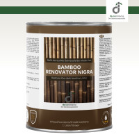 Eine silberne Dose mit einem hellbraun- weißes Etikett mit der Aufschrift Bamboo Renovator Nigra, 1 Litter mit DE-Commerce-Logo.