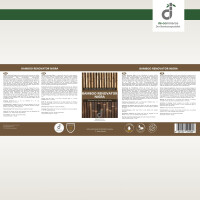 Etikett mit der Aufschrift Bamboo Renovator Nigra- stellt die natürliche Bambusfarbe wieder her, dekoriert mit Bambusstäben und Warn- und Anwendungshinweisen in Deutsch, Englisch, Niederländisch und Französisch, DE-Commerce.