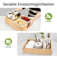 Vielseitige Bambus-Snackbox mit herausnehmbaren Einsätzen für unterschiedliche Verwendungszwecke. Oben als praktisches Sofatablett mit Griffen für einfachen Transport, unten als organisierte Couchbar für Snacks und Getränke. Ideal für gemütliche Abende oder als stilvolle Aufbewahrung im Badezimmer.