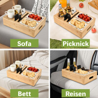 Multifunktionale Bambus-Snackbox mit integriertem Sofatablett und Couchbar, ideal für verschiedene Einsatzbereiche wie Sofa, Picknick, Bett und Reisen. Praktische Aufbewahrung für Snacks, Getränke und persönliche Gegenstände.