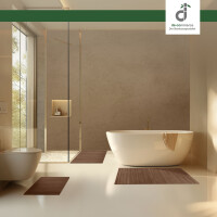 Moderne Badezimmer mit freistehender Badewanne und bodentiefer Dusche, ausgestattet mit zwei stilvollen Bambus-Badmatten in Taupe, die vor der Badewanne und der Dusche platziert sind. Die Matten verleihen dem Raum einen natürlichen und eleganten Touch.