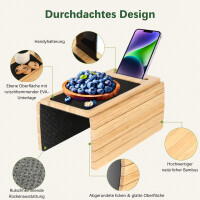 Hochwertiges Bambus-Sofatablett mit integrierter Handyhalterung. Maße 33x23,2 cm. Rutschfeste EVA-Oberfläche und abgerundete Ecken für sicheren Halt. Natürliche Bambusoptik und strapazierfähige Konstruktion. Ideal für Snacks, Getränke und Handy während der Entspannung auf dem Sofa.