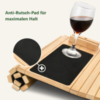 Sofatablett aus Bambus mit drehbarer Handyhalterung, Maße 45x33 cm, inklusive rutschfester Matte und Weinglashalterung. Perfekt für gemütliches Arbeiten oder Entspannen auf der Couch.