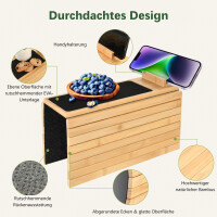 Bambussofatablett mit drehbarer Handyhalterung und rutschfester EVA-Oberfläche. Abgerundete Ecken und glatte Oberfläche aus natürlichem Bambus. Stabiler Stand durch rutschfeste Gummipads an der Unterseite.