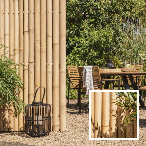 Ein Sichtschutz aus Bambus in XXL-Größe mit natürlicher Optik, der eine gemütliche Sitzecke im Garten abgrenzt und Privatsphäre bietet. Im Hintergrund sorgt die Bambuswand für eine harmonische, ruhige Atmosphäre.