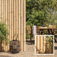 Ein Sichtschutz aus Bambus in XXL-Größe mit natürlicher Optik, der eine gemütliche Sitzecke im Garten abgrenzt und Privatsphäre bietet. Im Hintergrund sorgt die Bambuswand für eine harmonische, ruhige Atmosphäre.