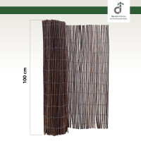 Braunes Sichtschutzmatten-Rollo aus Weidenäste/ Naturmaterial, teilweise ausgerollt, mit einer Höhe von 100 cm mit dem DE-Commerce Logo.