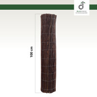 Sichtschutzmatte aus dunkler Weide, vollständig aufgerollt dargestellt, mit einer Höhe von 100 cm mit dem DE-Commerce Logo.