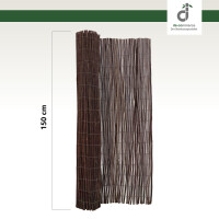 Braunes Sichtschutzmatten-Rollo aus Weidenäste/ Naturmaterial, teilweise ausgerollt, mit einer Höhe von 150 cm mit dem DE-COmmerce Logo.
