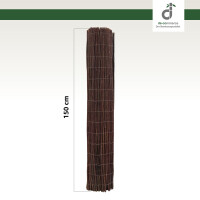 Sichtschutzmatte aus dunkler Weide, vollständig aufgerollt dargestellt, mit einer Höhe von 150 cm mit dem DE-COmmerce Logo.